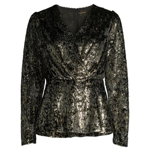 NWT Elie Tahari Black Gold V Faux Wrap Velvet Fuzzy Peplum Blouse Size 2 $365 a1 - Picture 2 of 12